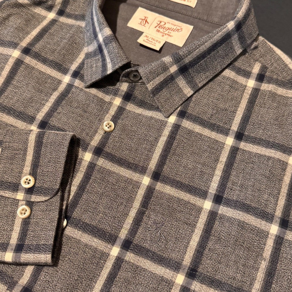 Penguin Munsingwear Gray Plaid Flannel Shirt Heritage Slim Fit Long‎ Sleeve XL